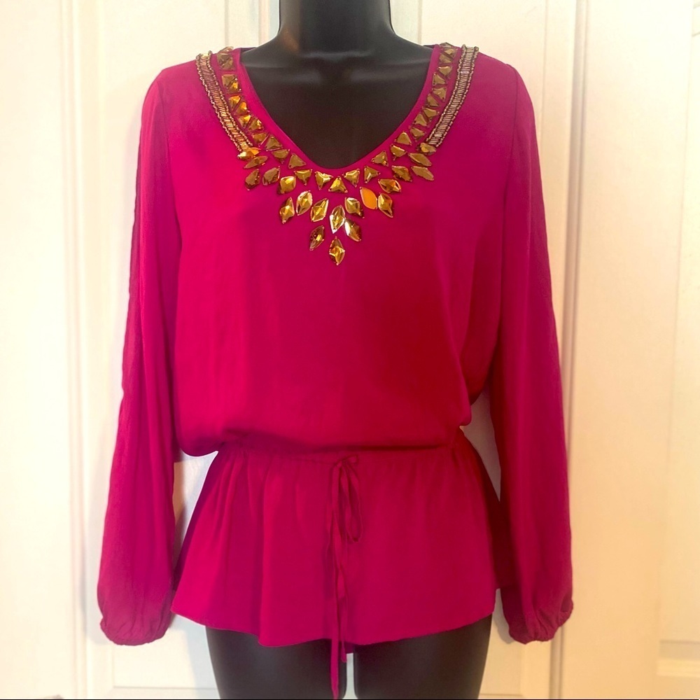 “CACHE” Jeweled Silk Blouse